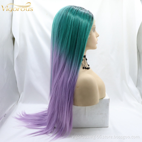 Vigorous green Ombre Long Straight Synthetic 3 Tone Color Lace Hair Front Wigs Dark Roots Middle Part For Black Women